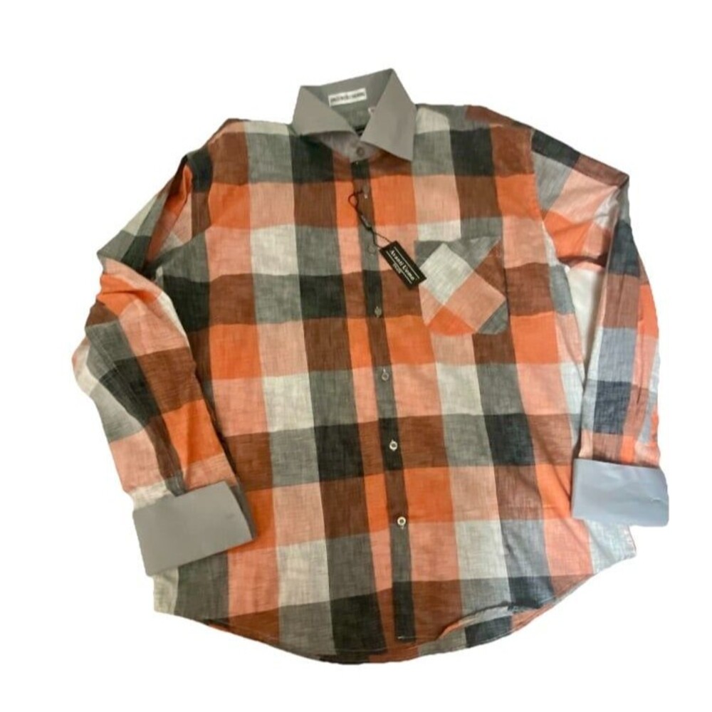 Avanti Uomo Mens Plaid Button Shirt L 16.5 Gray Orange Cotton New